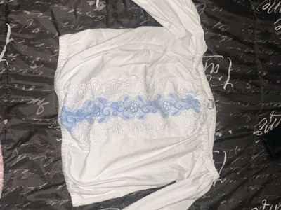 Express White & Blue Off-the-Shoulder Lace Trim Top Women's Size M