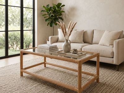 Vintage Hollywood Regency Pencil Reed Bamboo Wicker Rattan Coffee Table w/Clear Glass Insert