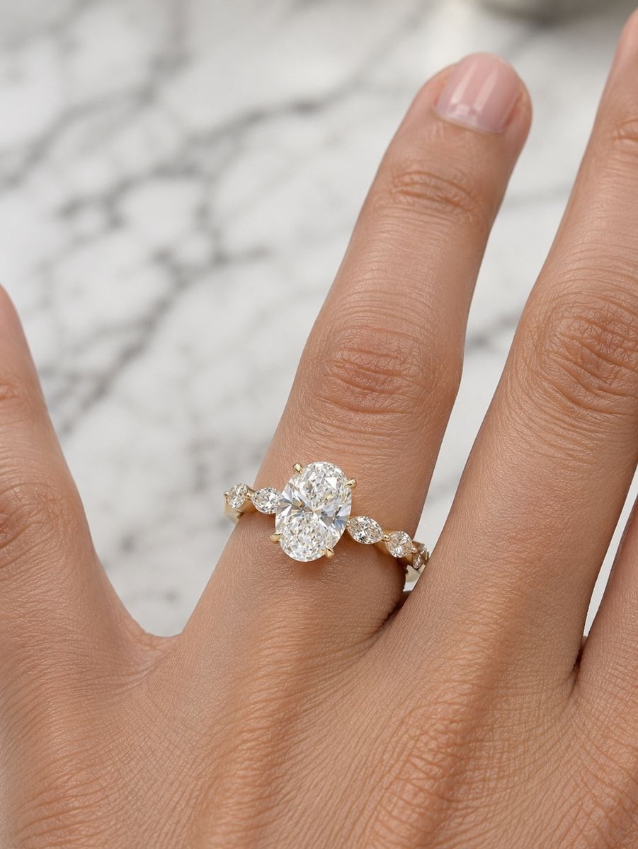 3.20 CT Oval Lab Diamond Ring with Marquise Side Stones and Hidden Halo in 14K Gold
