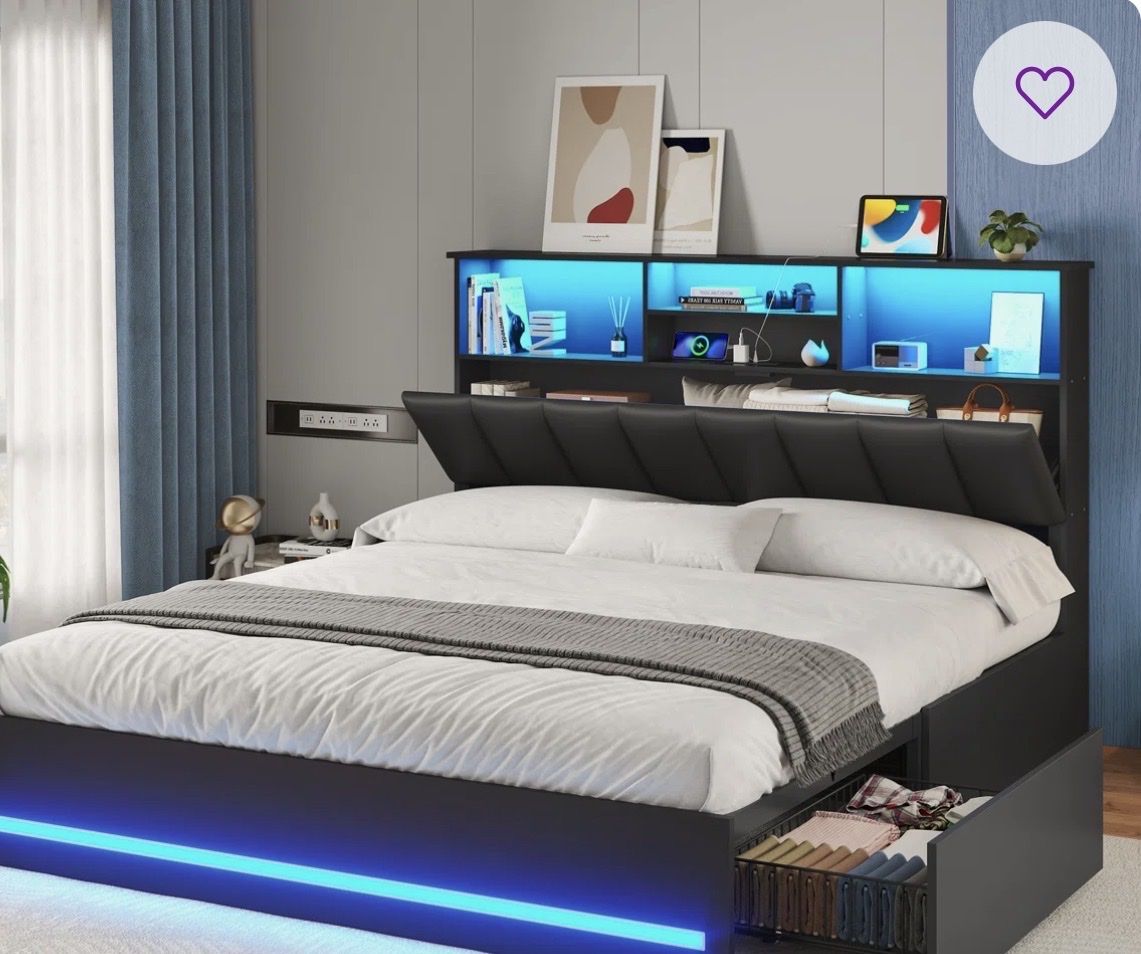 Queen bed with drawers, storage and LED lights