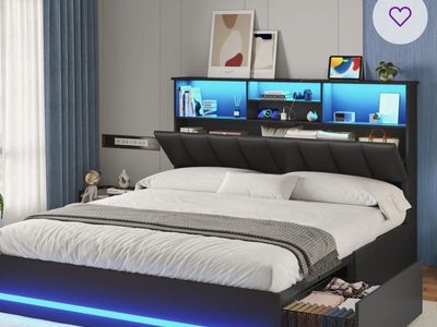 Queen bed with drawers, storage and LED lights