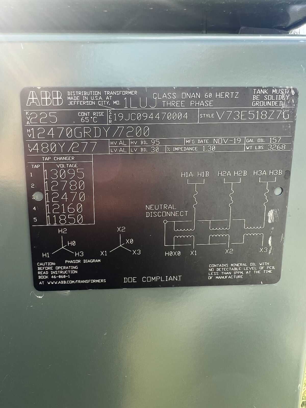 Transformer 7200/480 225KVA