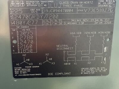 Transformer 7200/480 225KVA