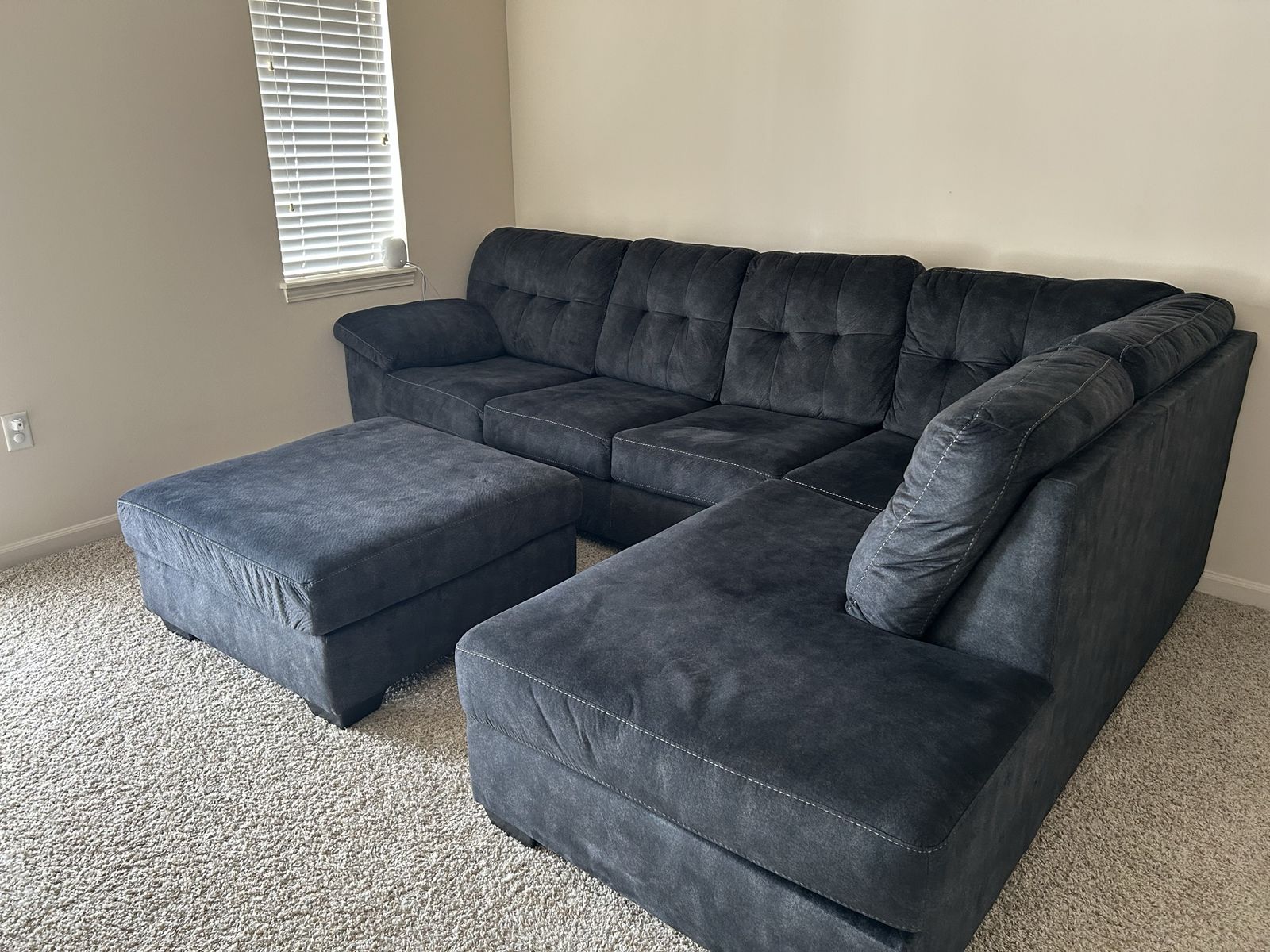 Sectional Sofa with Ottoman, Gray Fabric, Reversible Chaise, Tufted Back