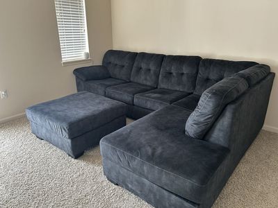 Sectional Sofa with Ottoman, Gray Fabric, Reversible Chaise, Tufted Back