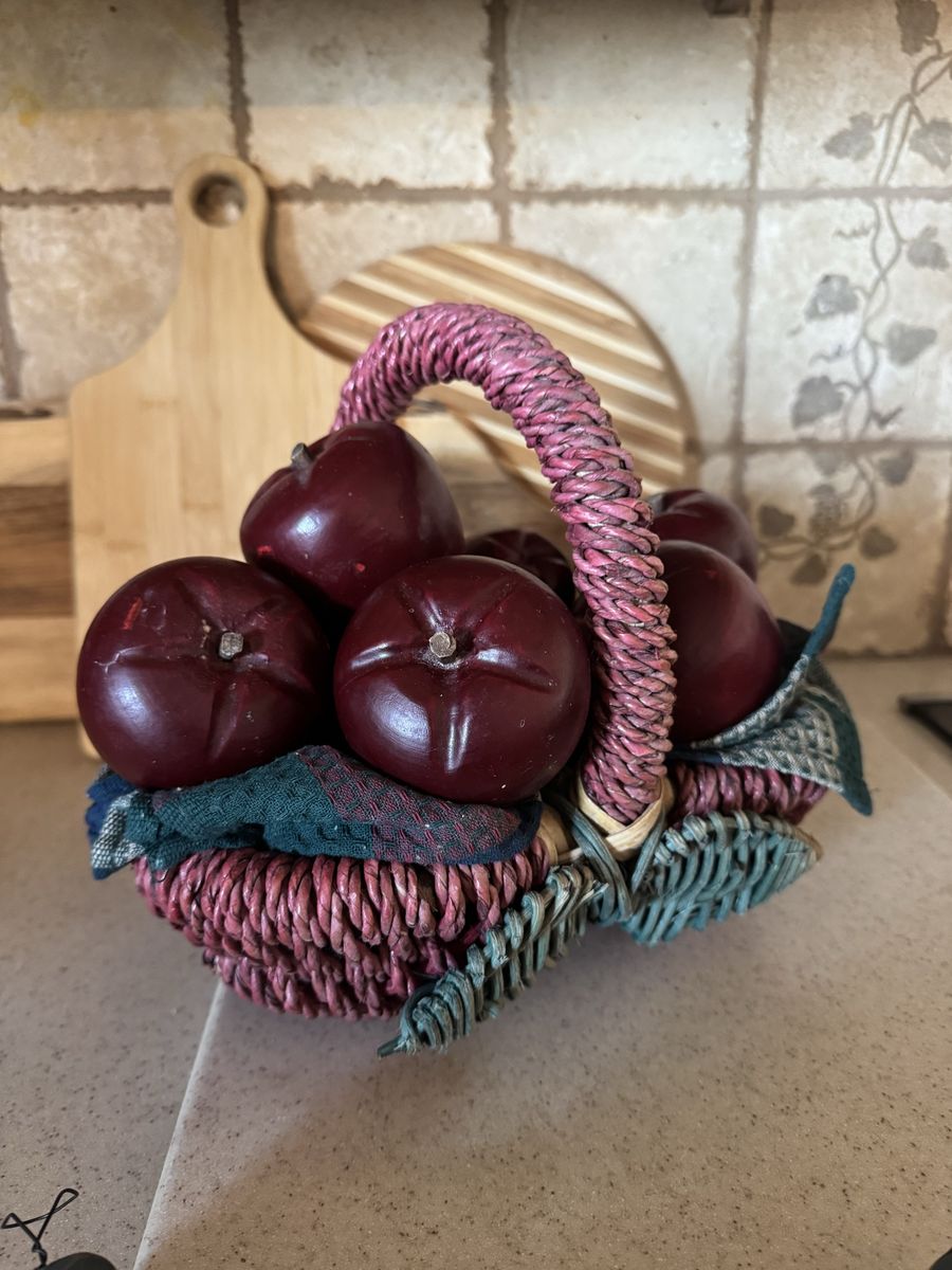 Basket Full Of Faux, Wood, Apples, Decor