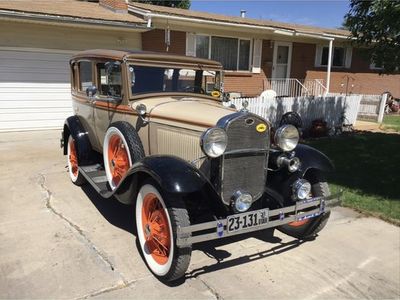 Classic 1931 Ford Model A Sedan - Tan & Black, Orange Wheels, Vintage Collector Car