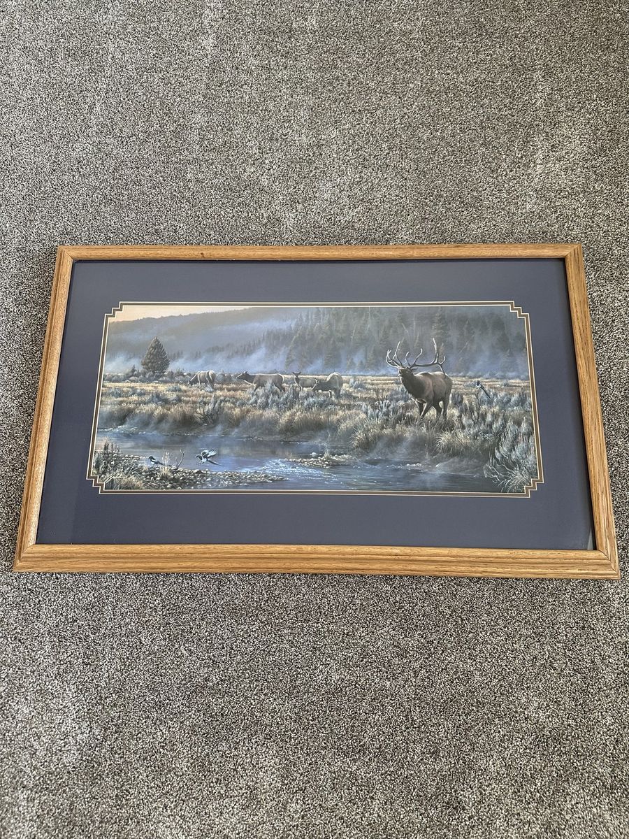 Framed Elk & Wildlife Art Print - Rustic Oak Frame, Ready to Hang