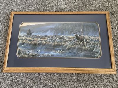 Framed Elk & Wildlife Art Print - Rustic Oak Frame, Ready to Hang