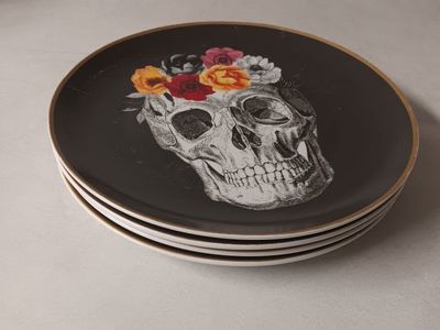 Harvest Green Studio Sugar Skull Plates Set of 4 Black Floral Halloween