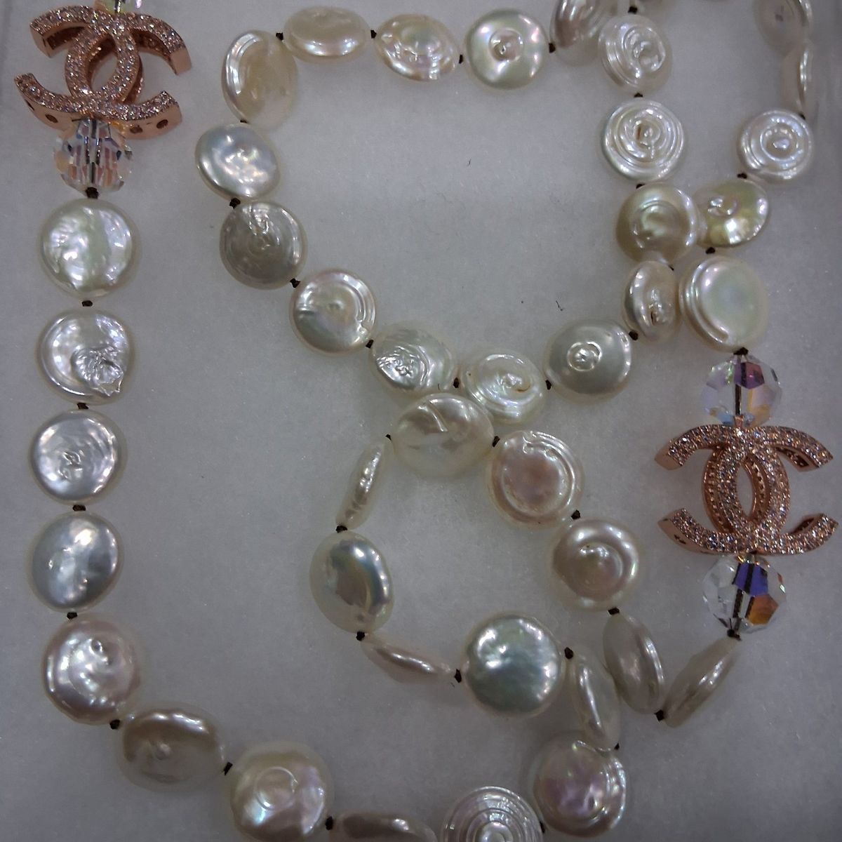 Chanel-Style Pearl and Crystal CC Charm Necklace