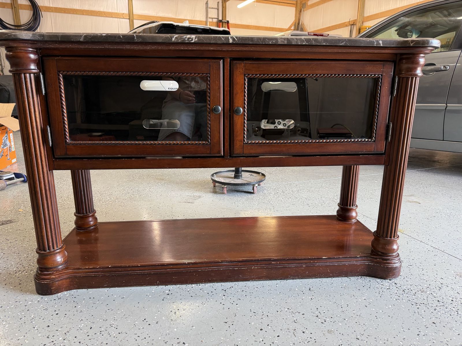 Elegant Wood & Marble Top Media Console TV Stand with Glass Doors - Storage Cabinet