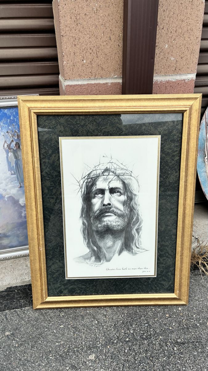 Framed Jesus Christ Pencil Drawing - "Greater love hath no man than this" John 15:13