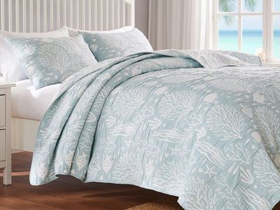 Marina Seafloor Coastal Blue/White Quilt Reversible king size with Coral & Fish Print