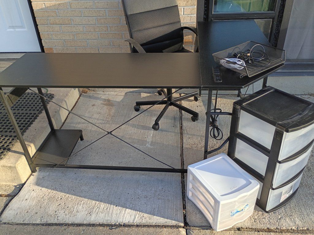 L-shaped Desk with Built-in Outlets & USB Ports - Black, Includes Chair & Storage, Good Condition