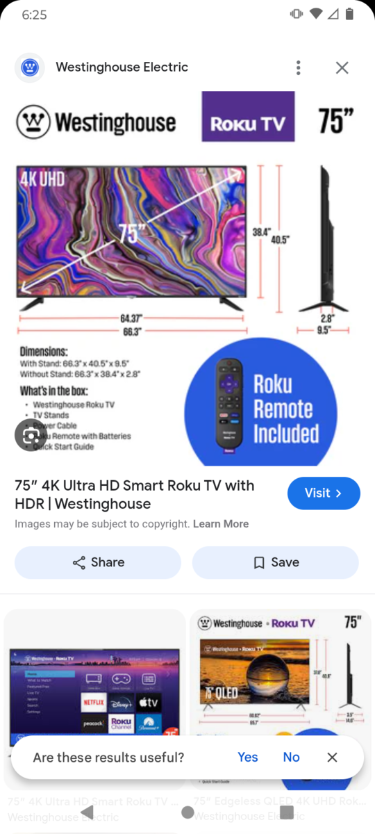 Westinghouse Roku 75 inch smart TV edge less smart etc