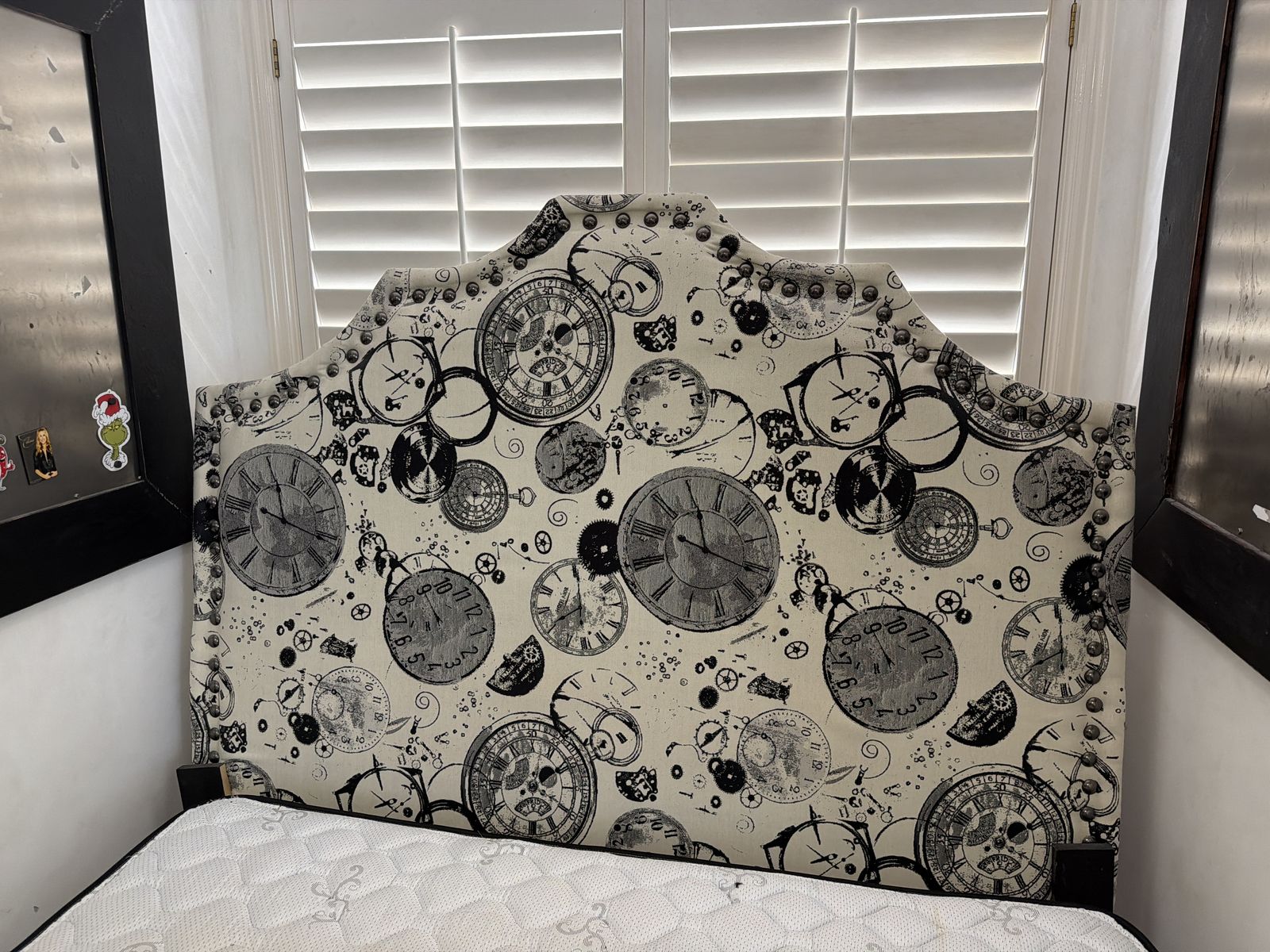 Unique Steampunk Clock Design Upholstered Headboard - Full Size with Nailhead Trim
