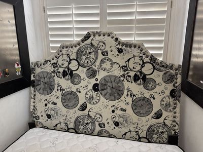 Unique Steampunk Clock Design Upholstered Headboard - Full Size with Nailhead Trim