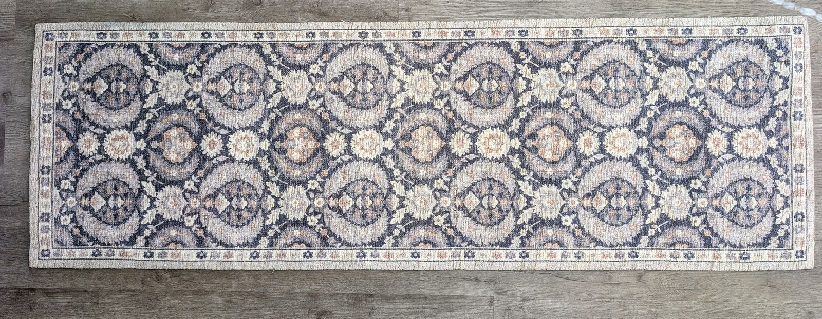NEW Vintage Distressed Medallion Runner Rug – Black Gray Cream Hallway Rug 30" x 7'