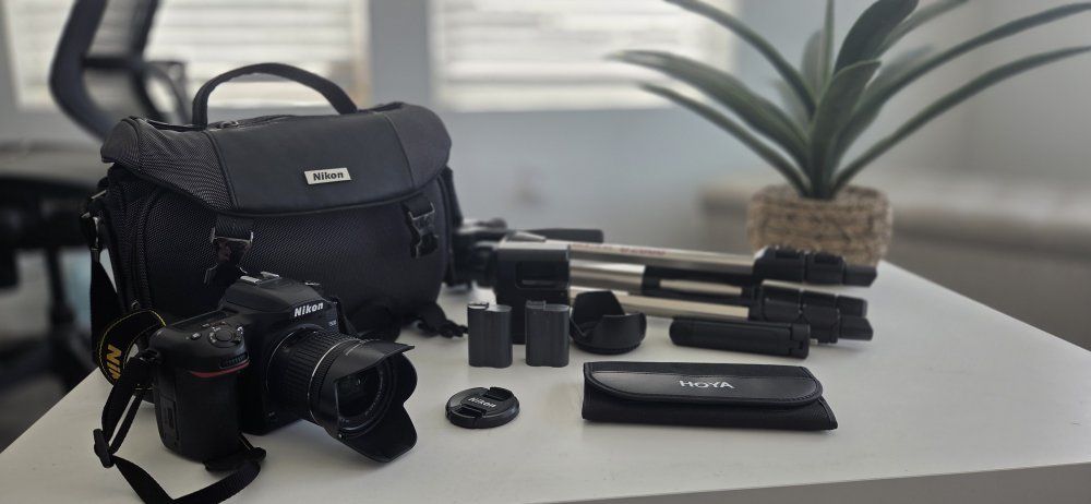 Nikon D7500 DSLR Complete Kit - Camera, lens, carry bag, polarizing filters, tripod, charger, batteries, and SD card