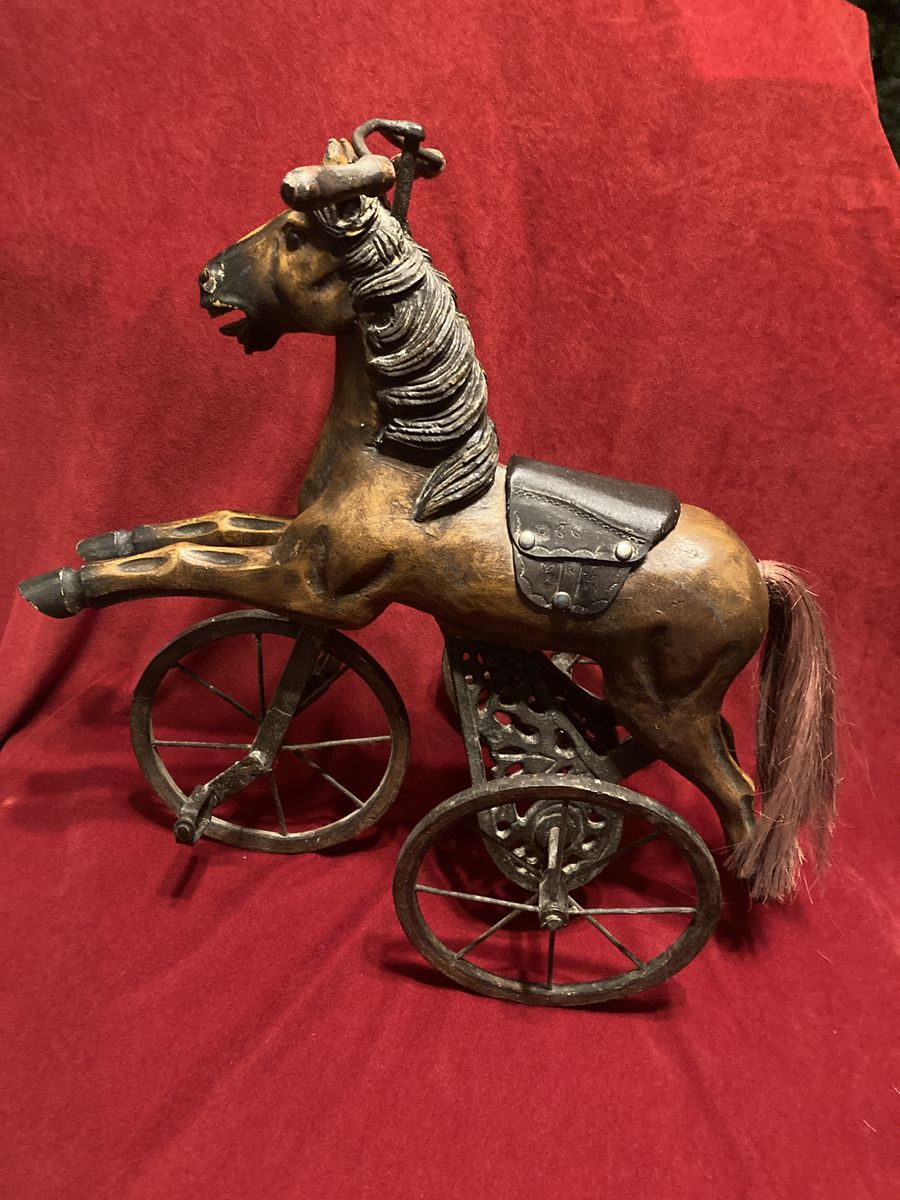 Vintage Hand Carved Wooden Horse Tricycle Cast Iron Undercarriage & Metal Wheels