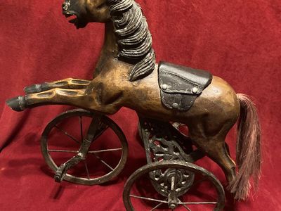 Vintage Hand Carved Wooden Horse Tricycle Cast Iron Undercarriage & Metal Wheels