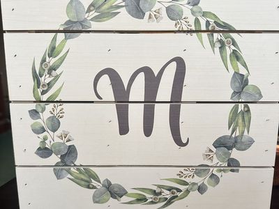 Hobby Lobby Monogram "M" Wooden Pallet Sign with Eucalyptus Wreath 12x12