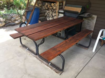 Sturdy Wooden Picnic Table with Steel Frame and Attached Benches