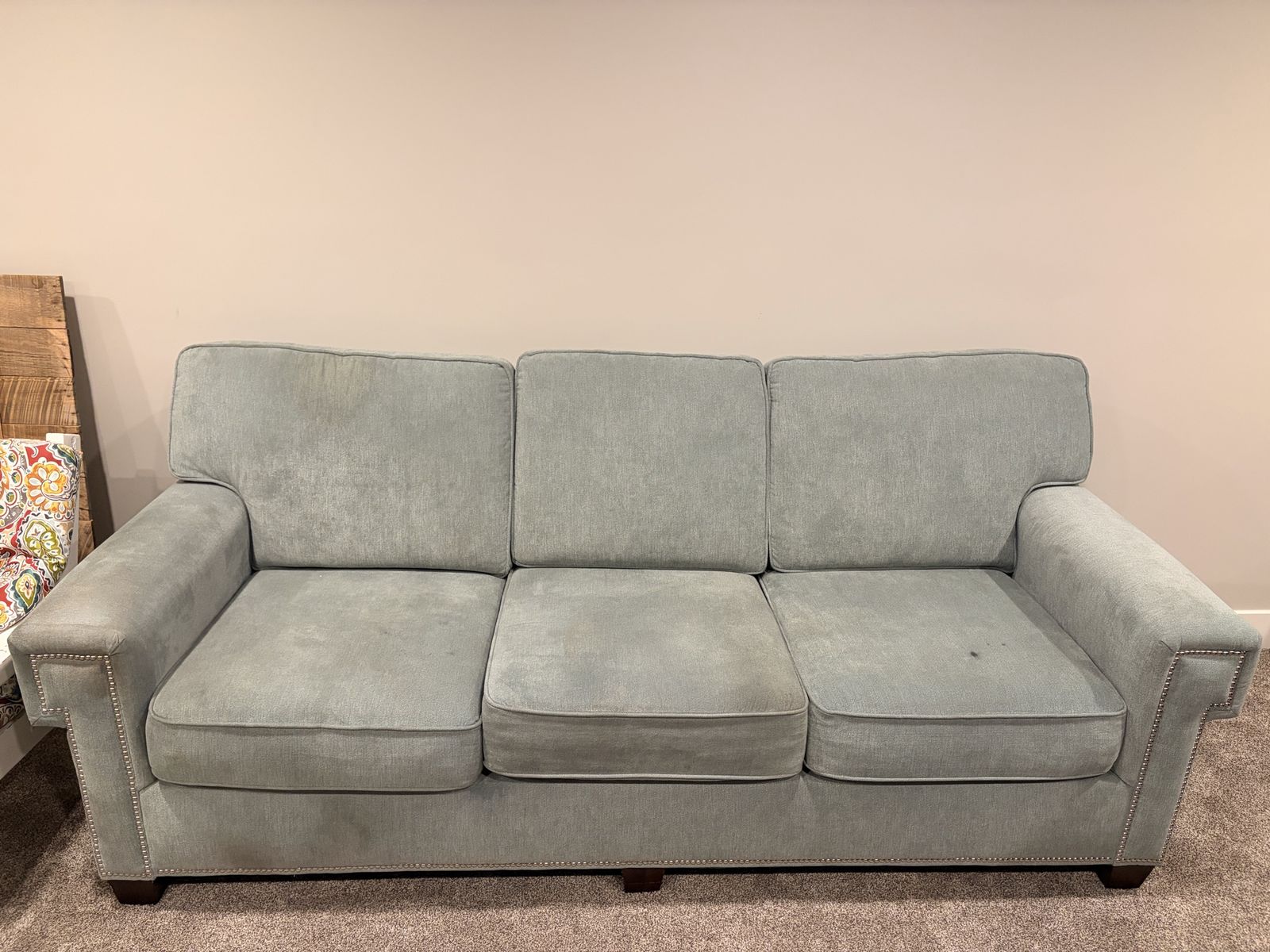 Light Blue Upholstered 3-Cushion Sofa with Nailhead Trim