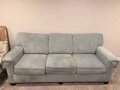 Light Blue Upholstered 3-Cushion Sofa with Nailhead Trim