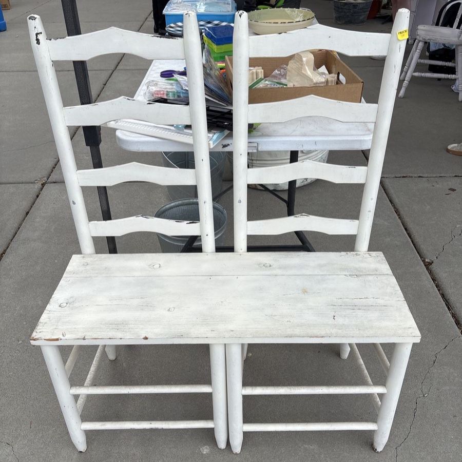 Shabby Chic White Wooden Bench - Ladder Back Style, Farmhouse Seating