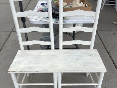 Shabby Chic White Wooden Bench - Ladder Back Style, Farmhouse Seating