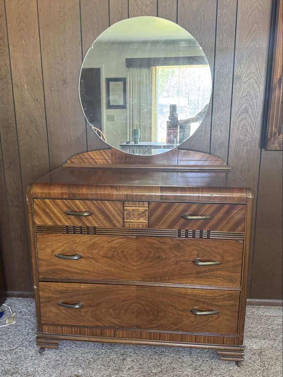 Vintage 1930s Art Deco Waterfall Dresser with Round Mirror - 3 Drawers, Walnut Finish