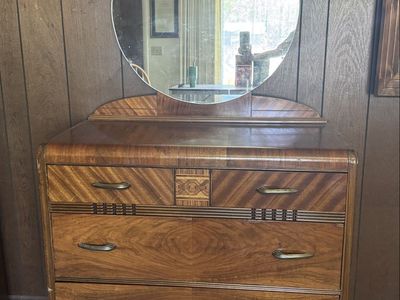 Vintage 1930s Art Deco Waterfall Dresser with Round Mirror - 3 Drawers, Walnut Finish