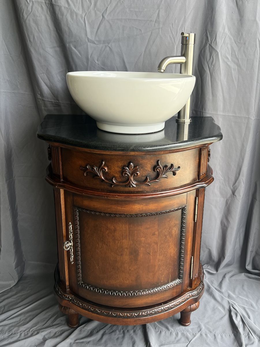 Solid Wood Bathroom Vanity w/ Vessel Sink & Stone Top