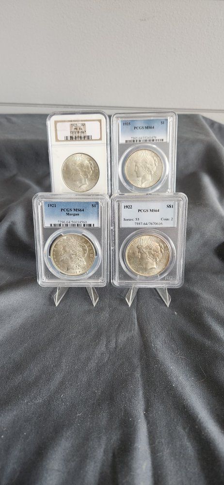 SILVER Morgan & Peace Dollars 1921 Morgan MS64, 1922 Peace MS64, 1923 Peace MS64,1925 Peace MS64