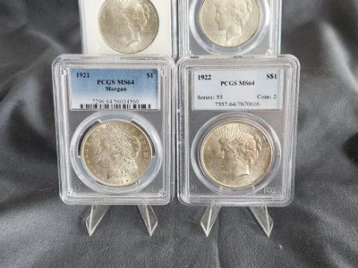 SILVER Morgan & Peace Dollars 1921 Morgan MS64, 1922 Peace MS64, 1923 Peace MS64,1925 Peace MS64