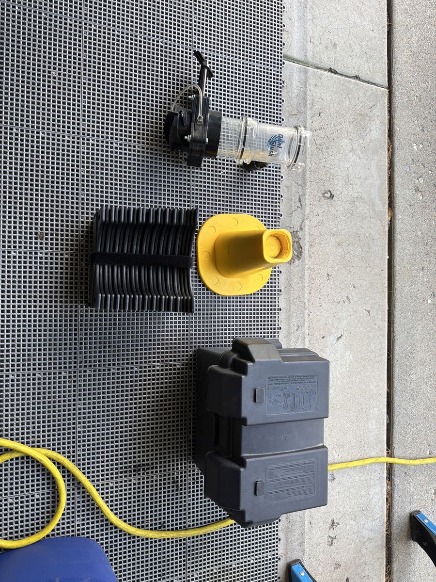 Trailer accessories, dual flush tank cleaner, tongue jack, battery box, sewer hose support