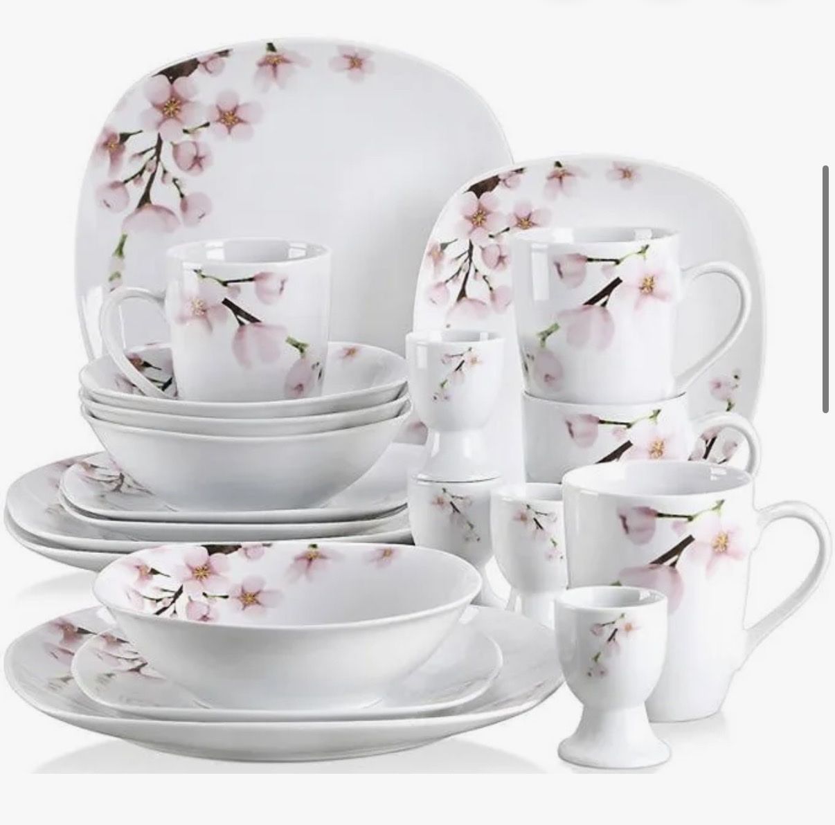 Veweet Annie Floral 20-Piece Porcelain Dinnerware Set for 4 - Dinner, Dessert, Bowls, Mugs, Egg Cups