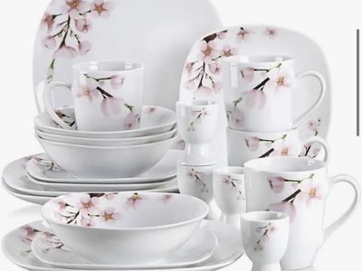 Veweet Annie Floral 20-Piece Porcelain Dinnerware Set for 4 - Dinner, Dessert, Bowls, Mugs, Egg Cups