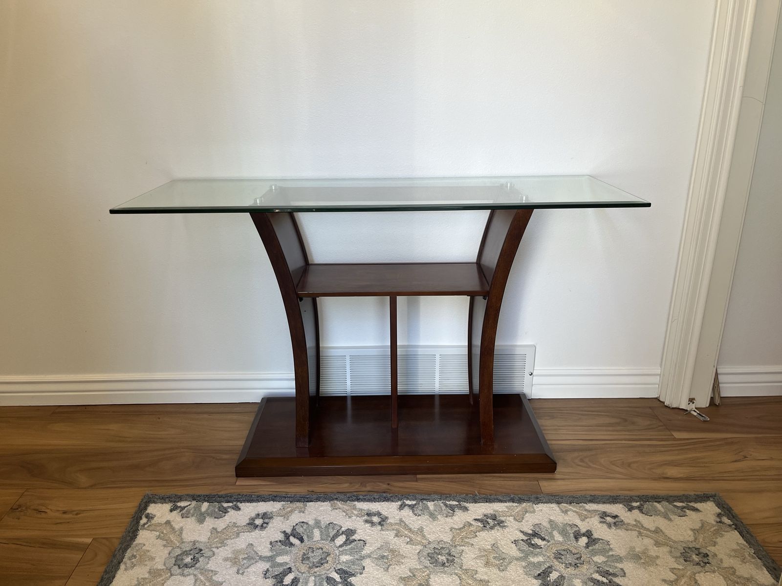 Console Table -Glass Top, Wood Base, Accent Entryway Hallway Sofa Side Living Room Decor