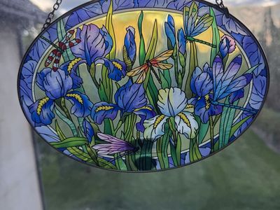 AMIA Handcrafted Stained Glass Window Hanging Oval Iris Dragonflies