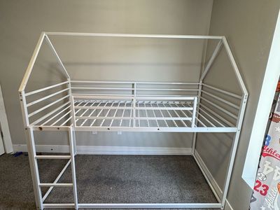 Bunk Bed, White, Metal Frame with Removable Slide and Ladder