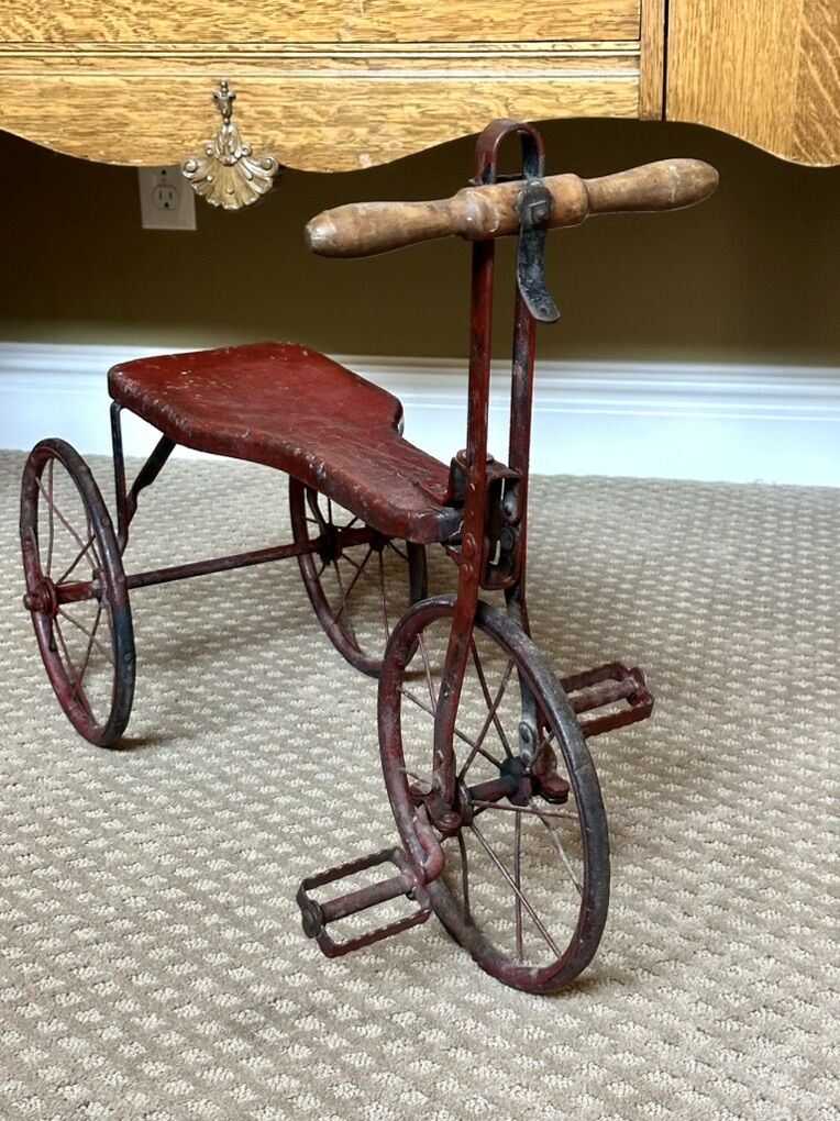 Antique Late 19th Century Wooden Seat Tricycle