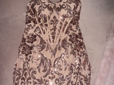 Fashion Nova Rose Gold Sequin Embellished Corset Maxi Dress Size Small