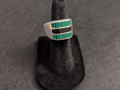 .925 sterling silver ring malachite and onyx (size 10)