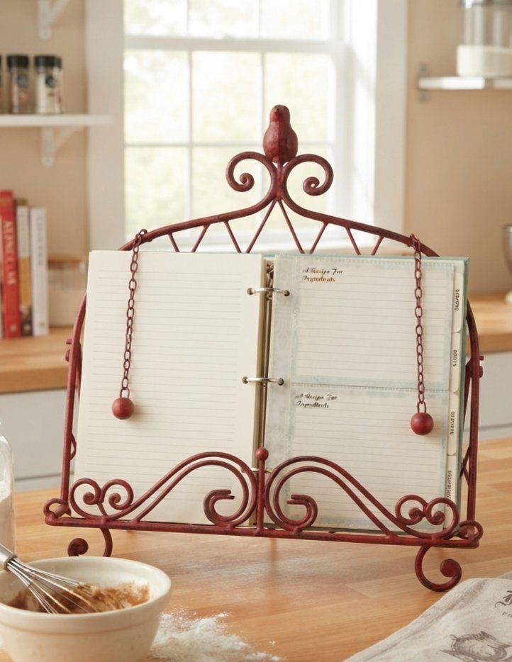Farmhouse Chic Distressed Red Metal & Cast Iron Recipe Book Holder Stand
