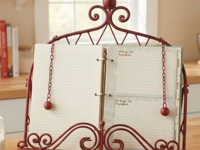 Farmhouse Chic Distressed Red Metal & Cast Iron Recipe Book Holder Stand
