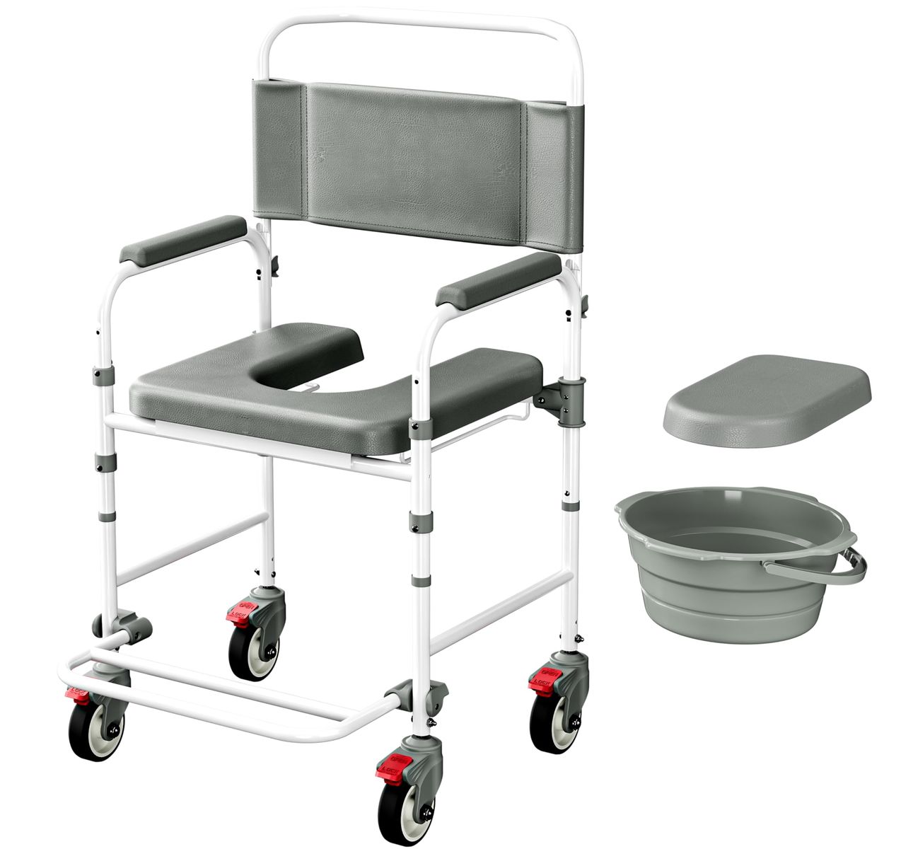 New Bedside Commode with Wheels, Shower Wheelchair with 300 LBS Weight Capacity, Portable Toilet