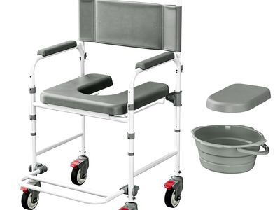 New Bedside Commode with Wheels, Shower Wheelchair with 300 LBS Weight Capacity, Portable Toilet